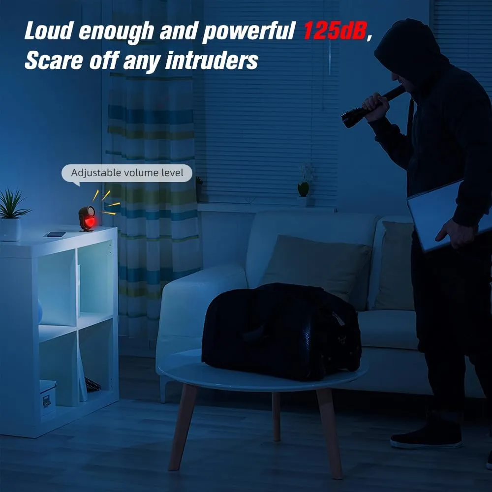 125dB Loud Motion Sensor Alarm with 328ft Remote Control(40ft PIR Detector, 3*AA Batteries), Indoor Wireless Infrared Security Motion Detector with Siren for Home/Shed/Garage (Black)
