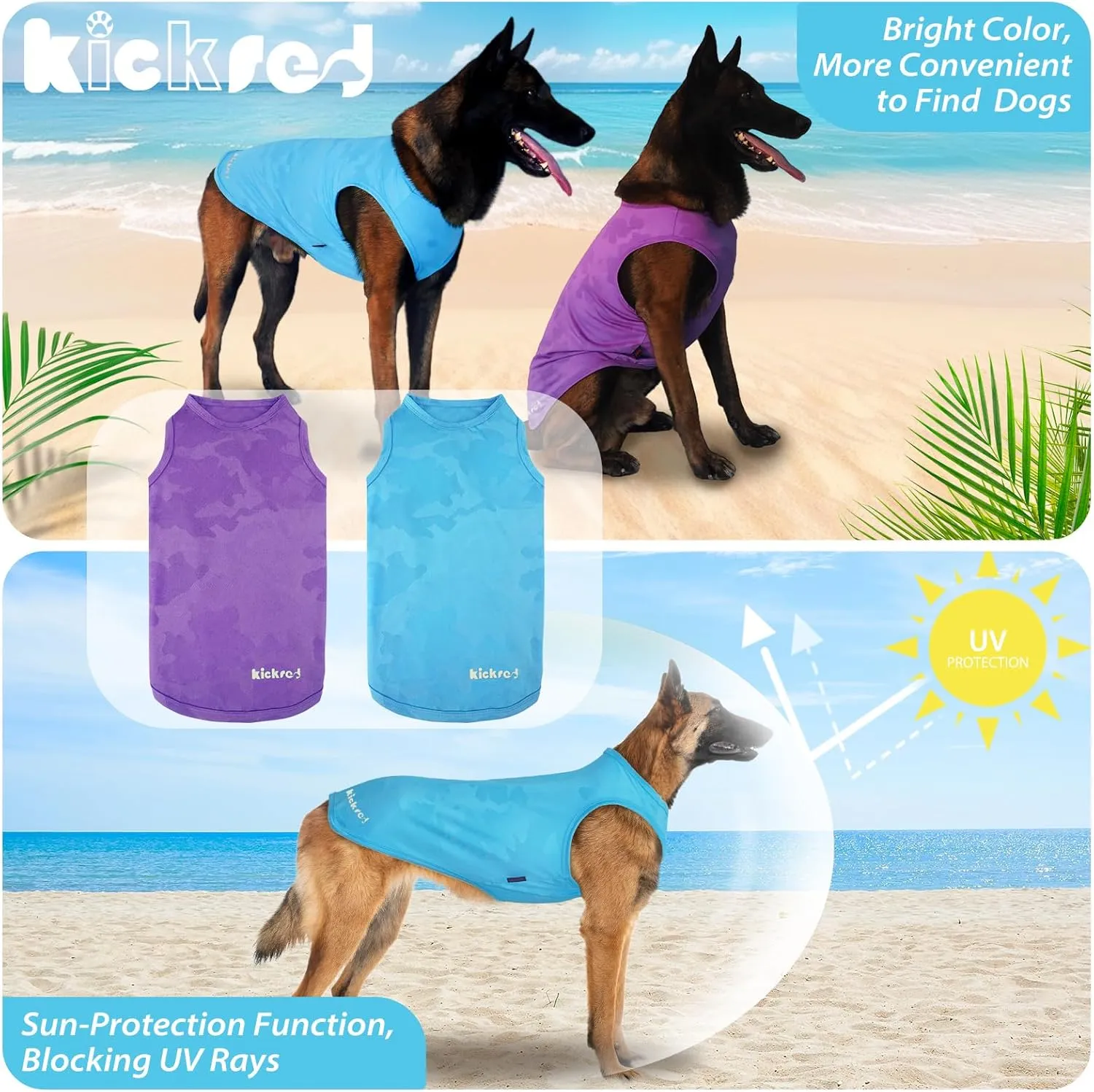 2 Pack Dog Shirts, Breathable Dog Clothes, Camouflage Printing Pet Sleeveless Vest, Stretchy Tank Top T-Shirts for Large Medium Dogs, Light Blue Purplish Red (L)