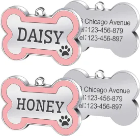 2 Pack Personalized Dog Tags and Cat Tags, Bone Shape Collar Pendant Custom Pet Supplies, Engraved Both Sides, Small Size, Stainless Steel, Pink