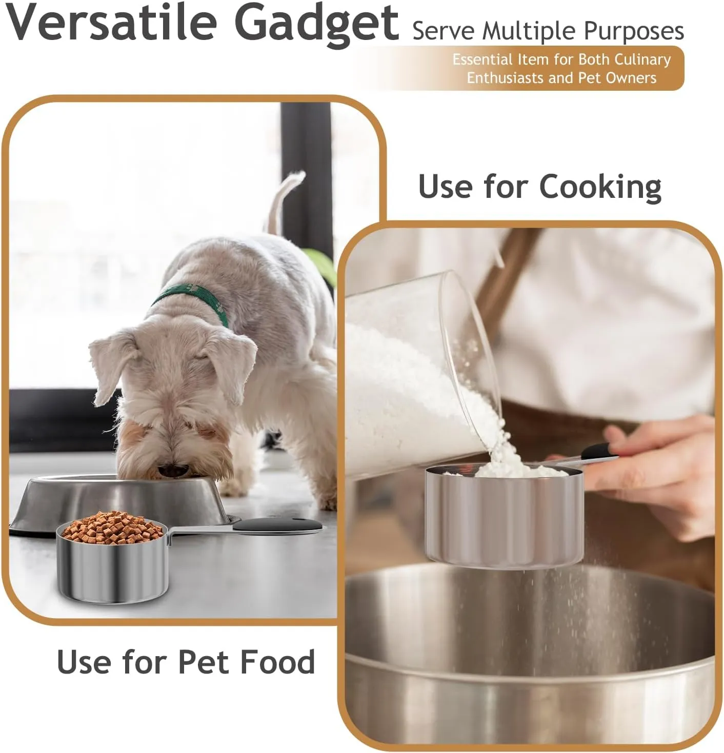 2PCS 1CUP(237ml) Dog Cat Food Scoop, Stainless Steel Measuring Cup, Metal Pet Scooper with Inner Precision Scale Measurement