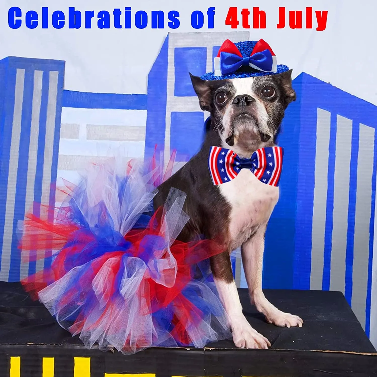 4th of July Pet Patriotic Costume Adjustable Dog Hat Bandanas Mesh Tutu Skirt American Flag Puppy Bibs Scarf Cat Collar 3 Pieces Independence Day Caps Bowtie Dress for Small Dogs Kitty Decorations