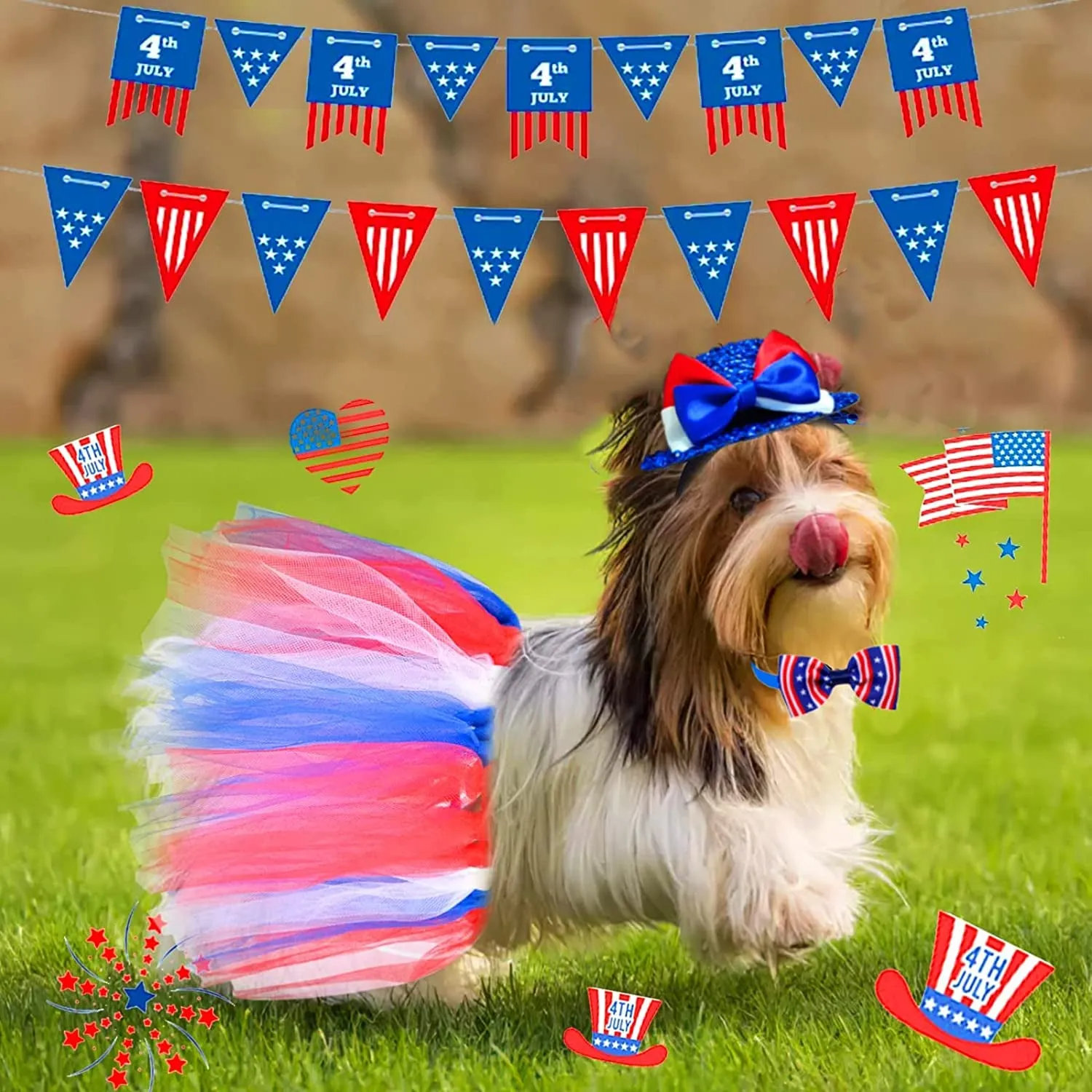 4th of July Pet Patriotic Costume Adjustable Dog Hat Bandanas Mesh Tutu Skirt American Flag Puppy Bibs Scarf Cat Collar 3 Pieces Independence Day Caps Bowtie Dress for Small Dogs Kitty Decorations