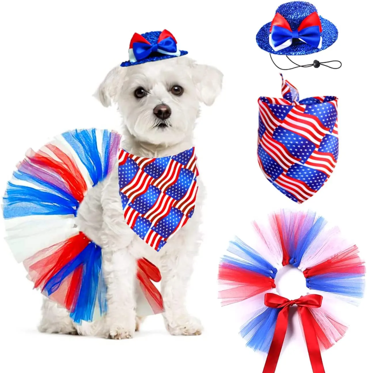 4th of July Pet Patriotic Costume Adjustable Dog Hat Bandanas Mesh Tutu Skirt American Flag Puppy Bibs Scarf Cat Collar 3 Pieces Independence Day Caps Bowtie Dress for Small Dogs Kitty Decorations