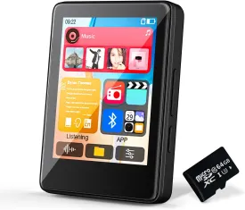 64GB MP3 Player with Bluetooth, Music Player with Built-in HD Speaker, MP3 Player for Kids, FM Radio, Voice Recorder, HiFi Sound, E-Book Function, Earphones Included