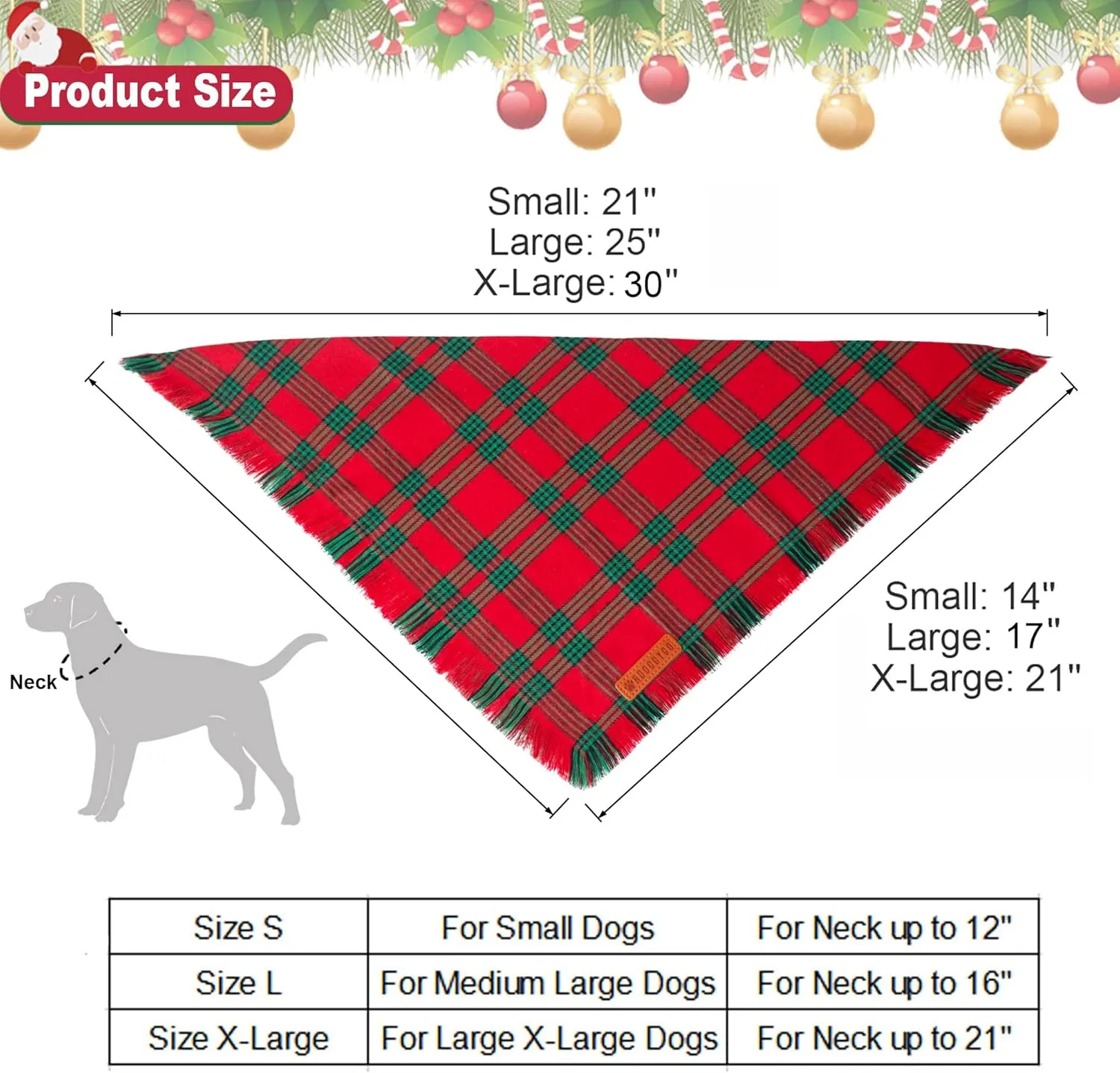 ADOGGYGO Christmas Dog Bandanas with Tassels, Red Green Plaid Pet Xmas Scarf Bib, Multiple Sizes, Christmas Bandana for Extra Large Dogs Pets (X-Large)