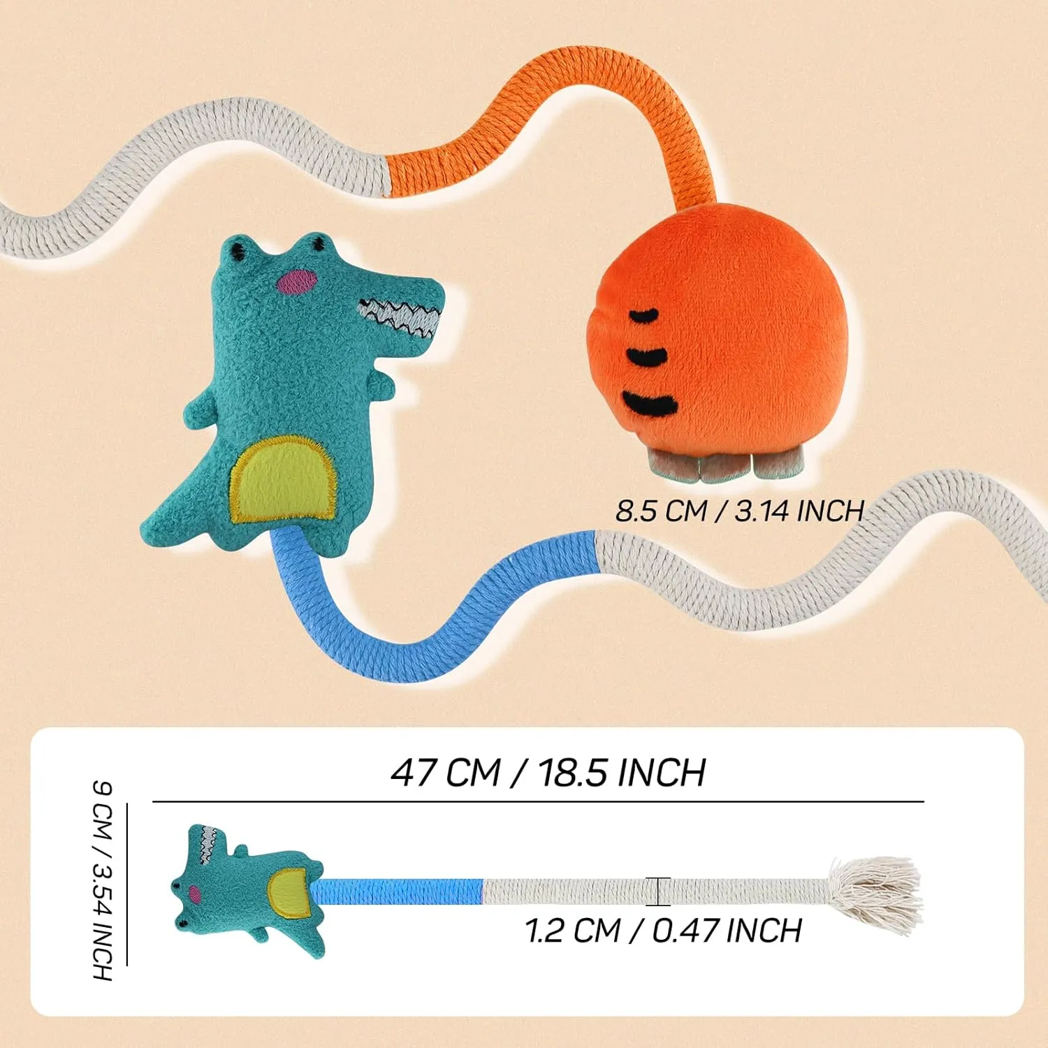 Andiker 2 PCS Cat Chew Ropes, Cat Chew Toy with Cartoon Kitten Plush Toys with Catnip Inside Interactive Cat Toys for Indoor Cats to Bite, Grasp, Kick and Clean Teeth (Small 1, Carrot&Crocodile)