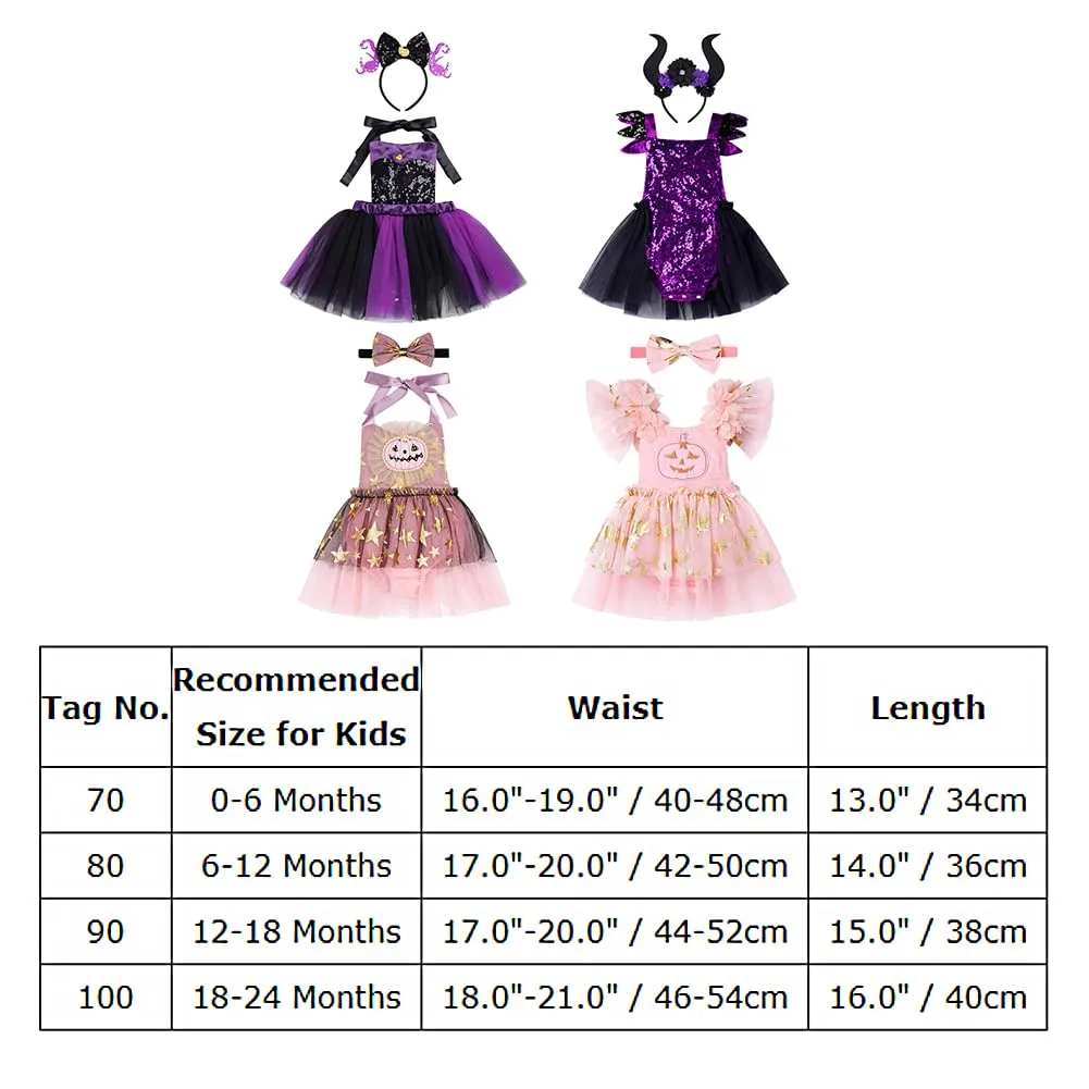 Baby Girls Pumpkin Flounder Costume Toddler Black Purple Shiny Sequin Tulle Tutu Romper Dress with Horn Headband Mermaid Themed Halloween Cosplay Dress Up Party Outfits Black Pink Pumpkin 6-12 Months