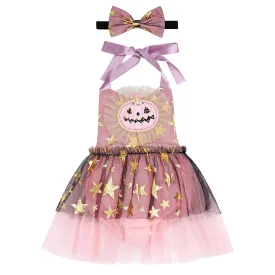 Baby Girls Pumpkin Flounder Costume Toddler Black Purple Shiny Sequin Tulle Tutu Romper Dress with Horn Headband Mermaid Themed Halloween Cosplay Dress Up Party Outfits Black Pink Pumpkin 6-12 Months