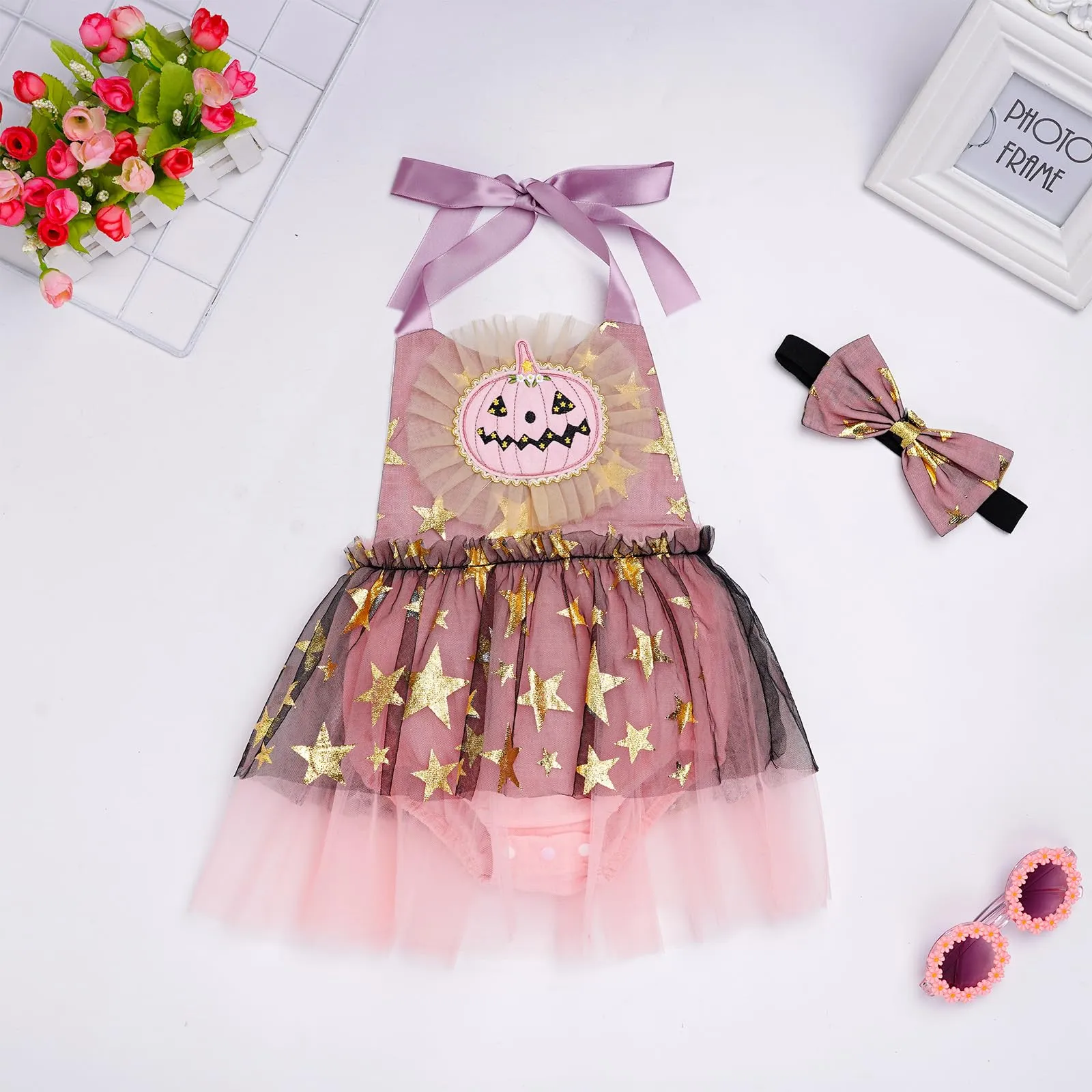 Baby Girls Pumpkin Flounder Costume Toddler Black Purple Shiny Sequin Tulle Tutu Romper Dress with Horn Headband Mermaid Themed Halloween Cosplay Dress Up Party Outfits Black Pink Pumpkin 6-12 Months