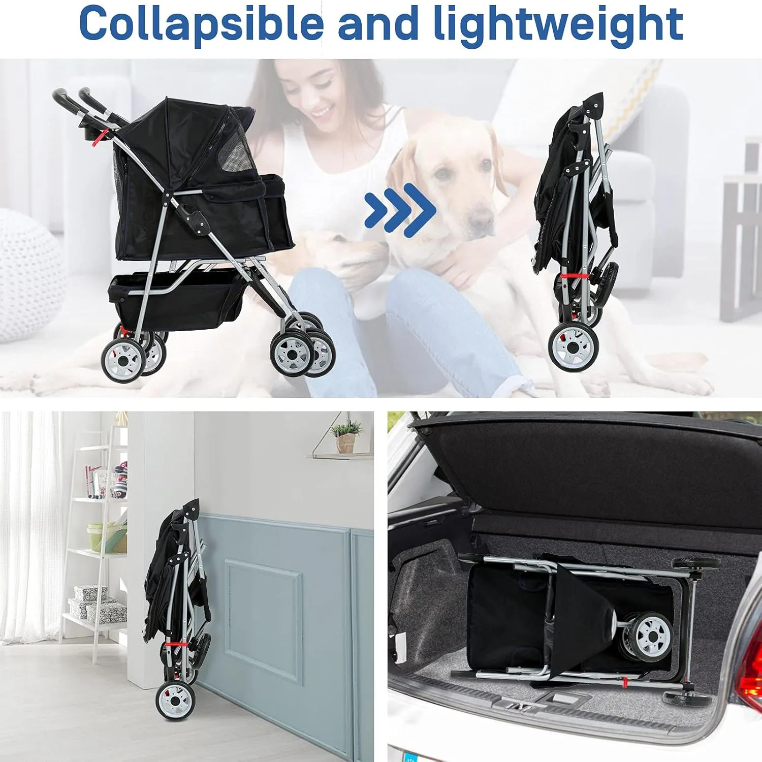 Best 3 Wheels Pet Stroller for Dog Stroller Cat Stroller, Lightweight and Foldable Pet Jogger Stroller, Carrier Strolling Cart W/Cup Holders Removable Liner for Small and Medium Dog Cat or Pet - Black