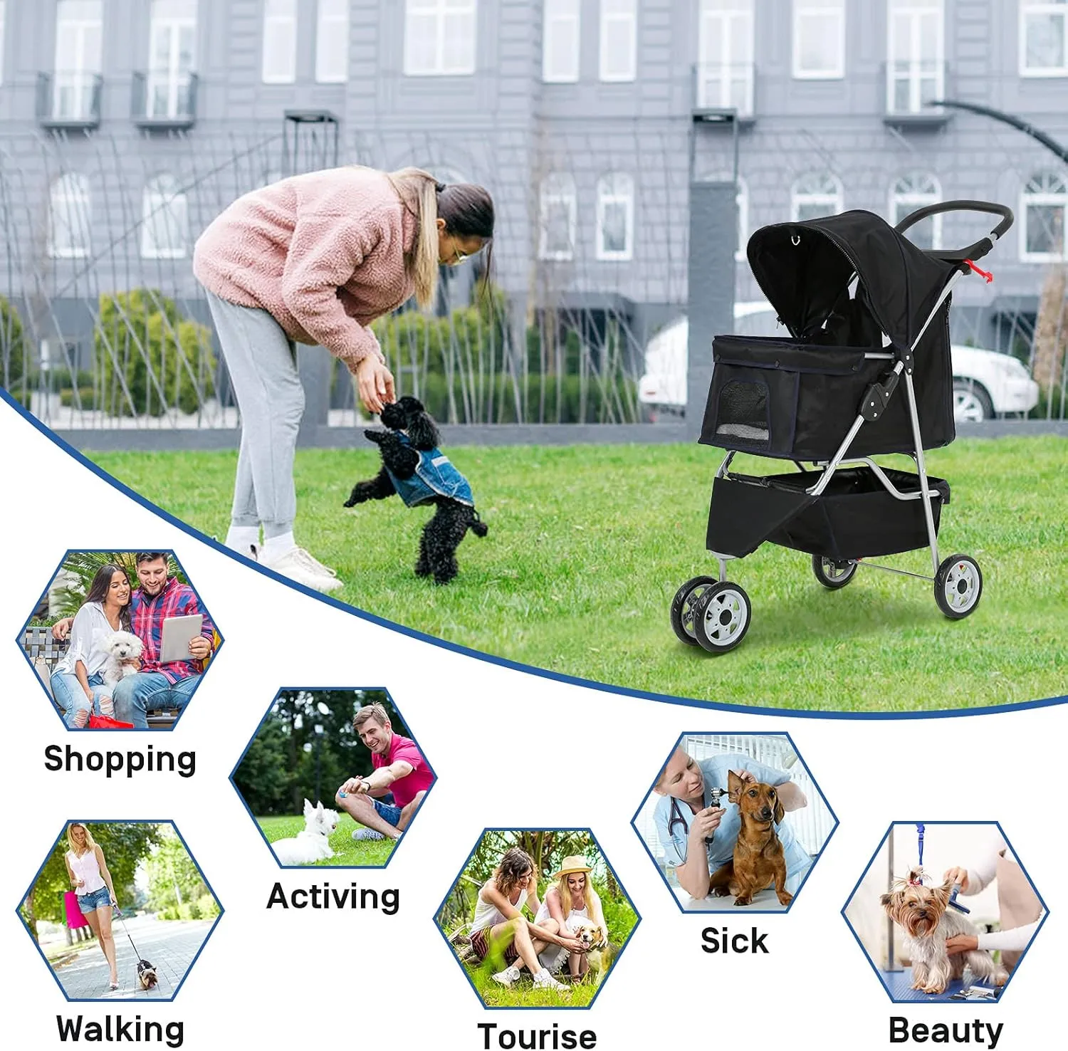 Best 3 Wheels Pet Stroller for Dog Stroller Cat Stroller, Lightweight and Foldable Pet Jogger Stroller, Carrier Strolling Cart W/Cup Holders Removable Liner for Small and Medium Dog Cat or Pet - Black