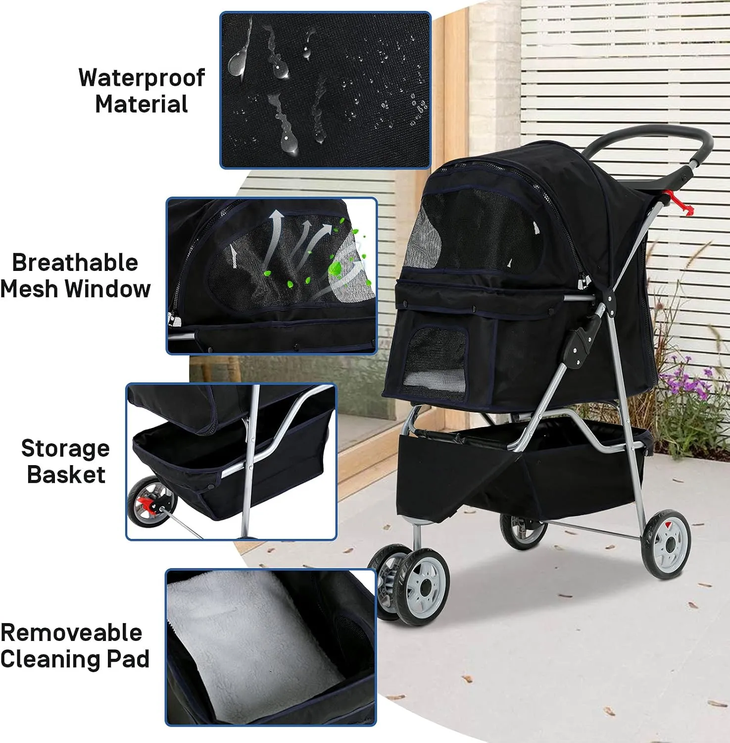Best 3 Wheels Pet Stroller for Dog Stroller Cat Stroller, Lightweight and Foldable Pet Jogger Stroller, Carrier Strolling Cart W/Cup Holders Removable Liner for Small and Medium Dog Cat or Pet - Black