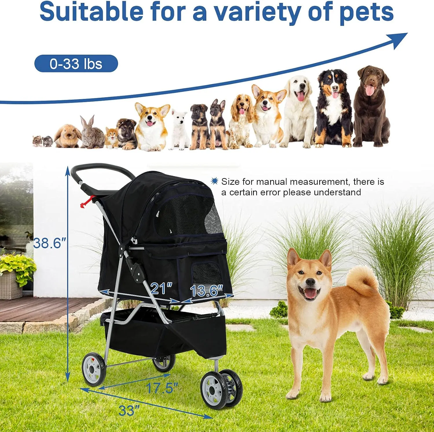 Best 3 Wheels Pet Stroller for Dog Stroller Cat Stroller, Lightweight and Foldable Pet Jogger Stroller, Carrier Strolling Cart W/Cup Holders Removable Liner for Small and Medium Dog Cat or Pet - Black