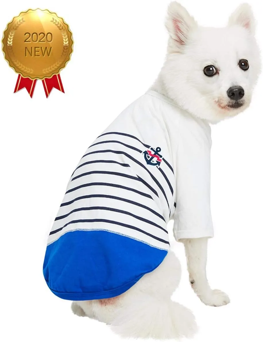 Blueberry Pet Soft & Comfy Summer Vacation Beach Cotton Dog T-Shirt in Blue Stripes, Sea Lover Shirt Tank Top Clothes, Back Length 10", for Small Dogs