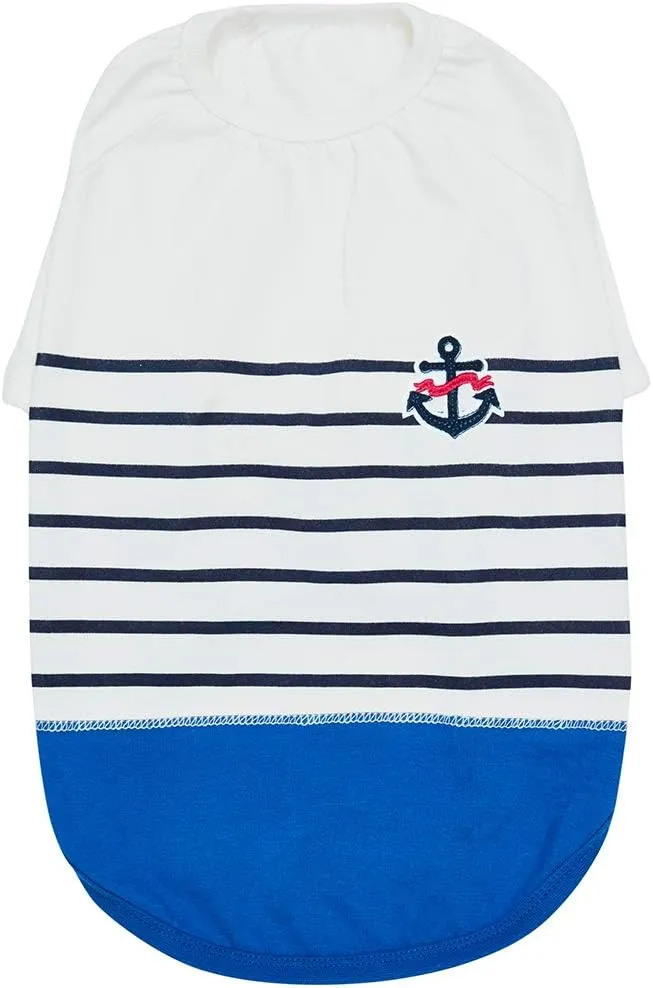 Blueberry Pet Soft & Comfy Summer Vacation Beach Cotton Dog T-Shirt in Blue Stripes, Sea Lover Shirt Tank Top Clothes, Back Length 10", for Small Dogs