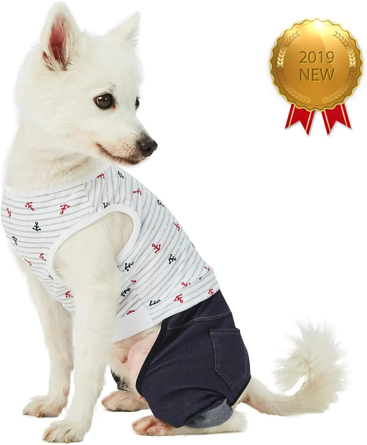 Blueberry Pet Summer Vacation Beach Cotton 4 Legged Onesie Dog Shirt with Denim Colored Pants, Sea Lover Nautical Striped Jumpsuit, Back Length 10", for Small Dogs