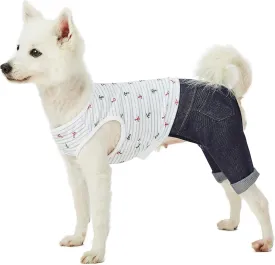 Blueberry Pet Summer Vacation Beach Cotton 4 Legged Onesie Dog Shirt with Denim Colored Pants, Sea Lover Nautical Striped Jumpsuit, Back Length 10", for Small Dogs