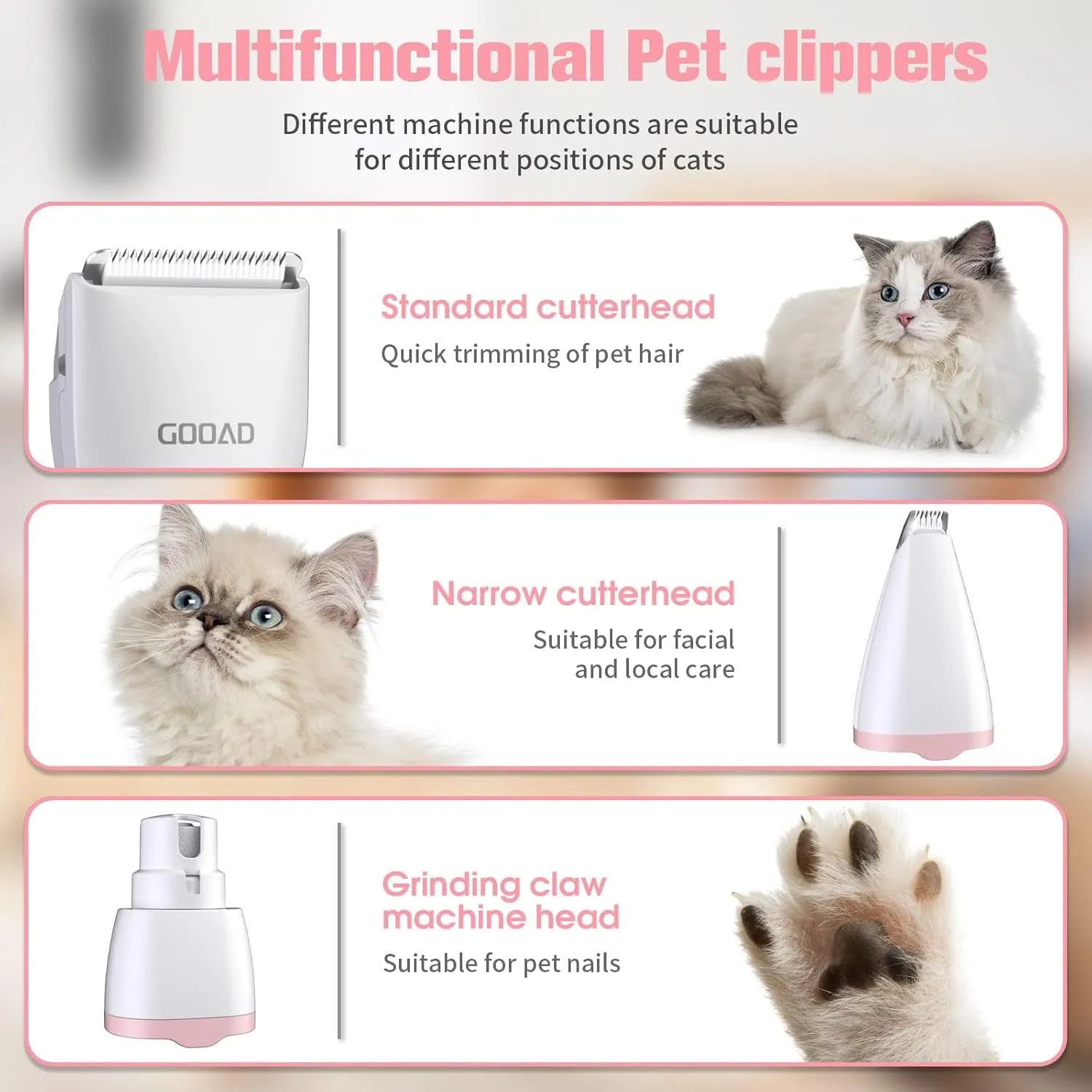 Cat Clippers for Matted Hair, Quiet Cat Shaver for Long Hair, Cordless Cat Hair Trimmer for Grooming, Cat Paw Trimmer Nail Grinder,Pet Shaver Cat Grooming Kit for Cats Small Dogs Animals(White)