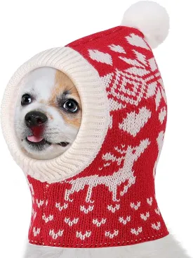 Christmas Dog Hat for Small Dogs,Red Warm Winter Dog Hat,Crocheted Snood Funny Pet Cap with Pompon,Puppy Neck Ear Warmer/Protector,Knit Snood Headwear for Pets,Christmas Costume Accessory for Dogs