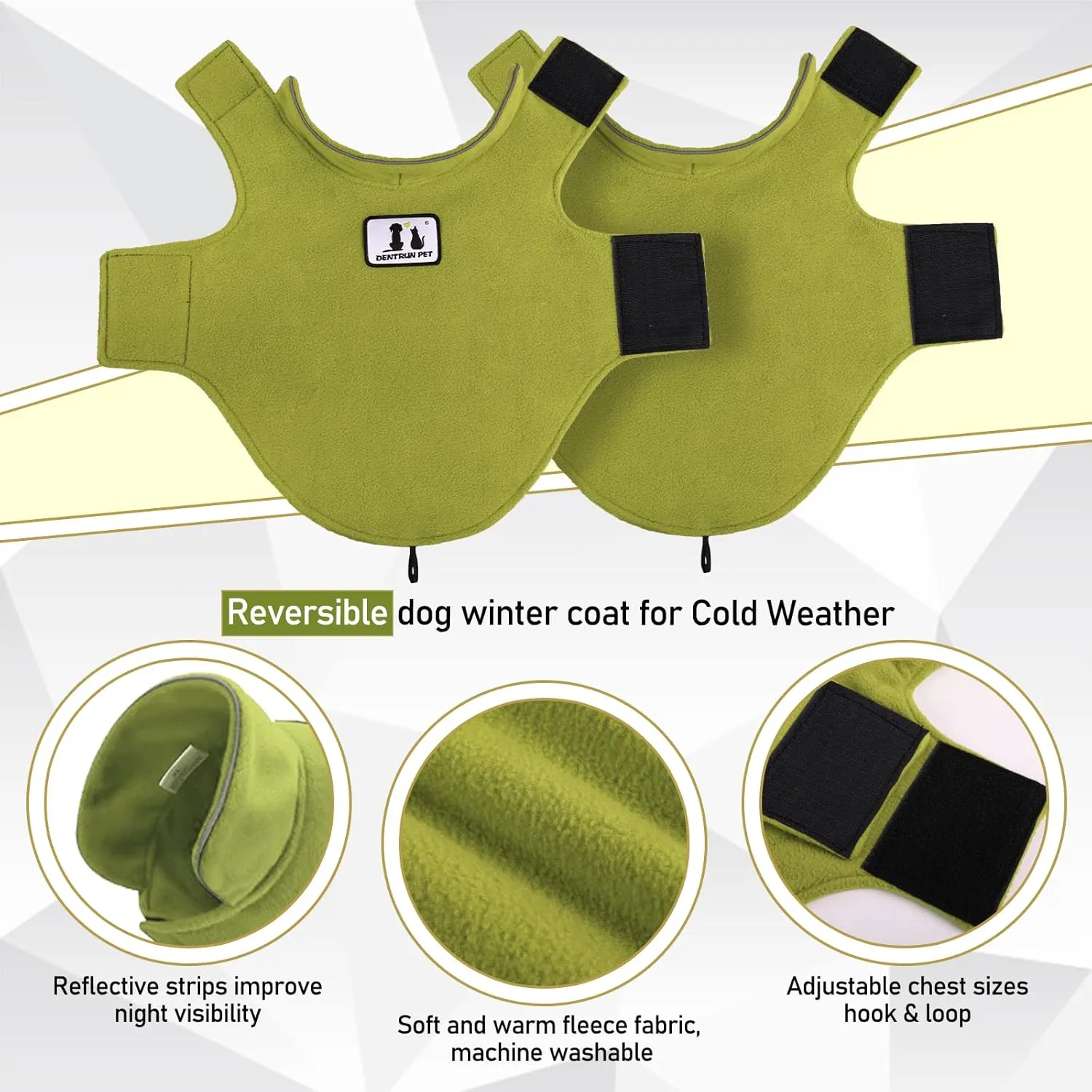 DENTRUN Windproof Winter Warm Fleece Large Dog Coat Reversible Puppy Jacket Reflective Soft Pet Vest, Cold Weather Dog Sweater Apparel Leash Access Overcoat for Large Breeds, Green, XL
