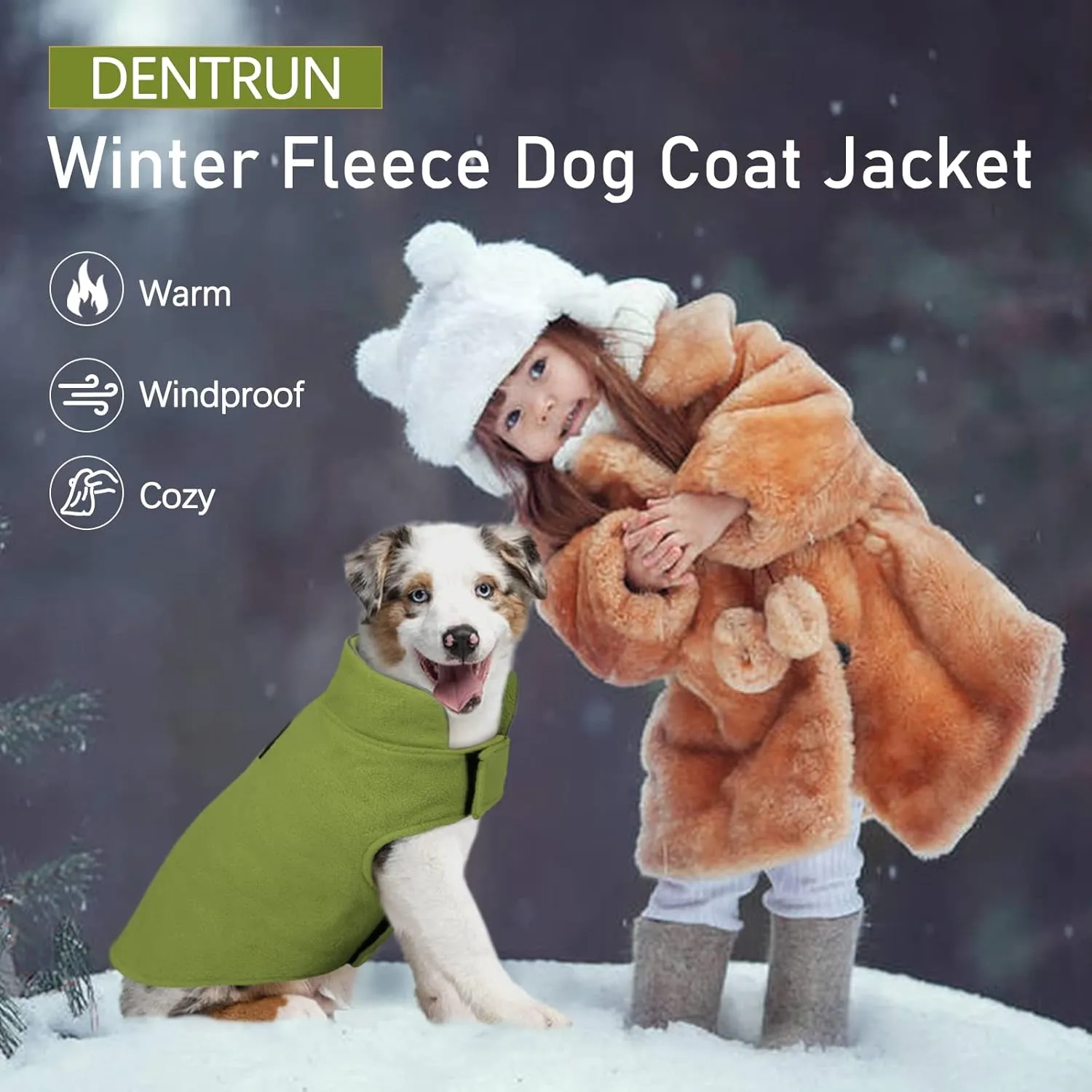DENTRUN Windproof Winter Warm Fleece Large Dog Coat Reversible Puppy Jacket Reflective Soft Pet Vest, Cold Weather Dog Sweater Apparel Leash Access Overcoat for Large Breeds, Green, XL