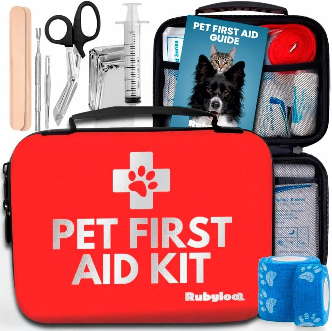 Dog First Aid Kit for Car, Home, Travel - Vet Approved Emergency Puppy Essentials with Pet First Aid Guide, Tick Remover, Slip Leash - Dog Camping & Travel Accessories for Hiking & Road Trips