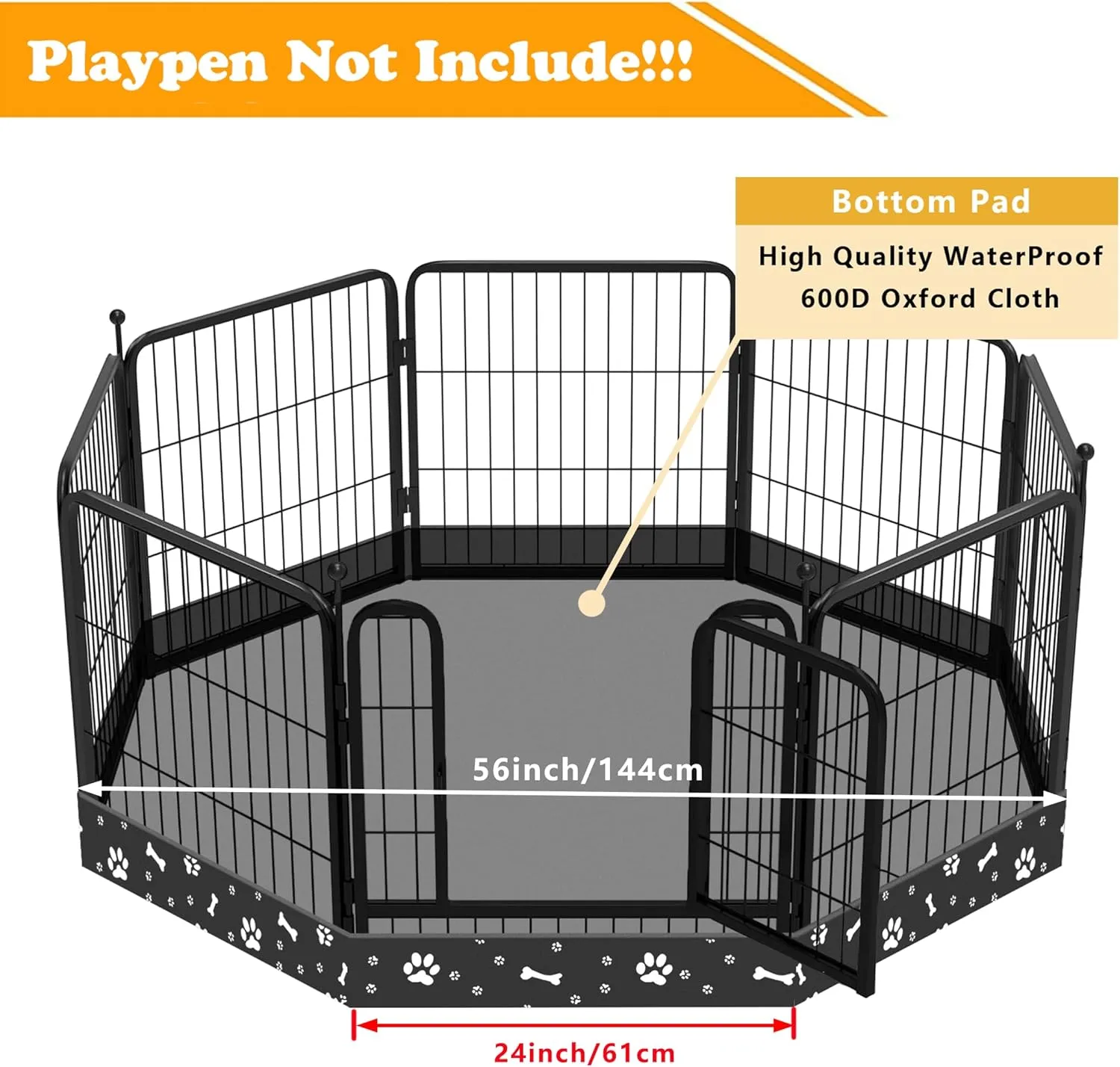 Dog Playpen Bottom Pad Fits for 24 Inch 8 Panels Metal Exercise Pet Playpen, Dog Crate Pad Puppy Playpen Pad, Elastic Band Connections.(Note: Playpen Not Included) -Black