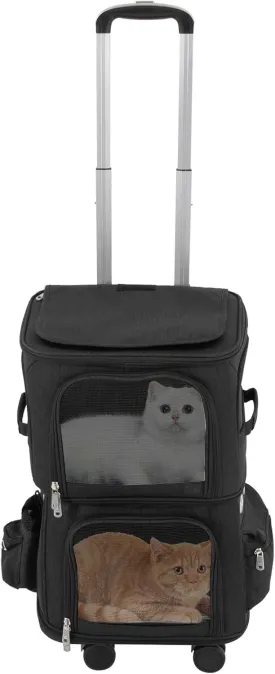 Double-Compartment Pet Rolling Carrier with Wheels, 13.78 * 10.24 * 24.01 in Ajustable Pet Carrier, 22.05 lbs Bearing Collapsible Pet Trolley Bag for Cats, Dogs, Pet Ferrets, Rabbits (Black)