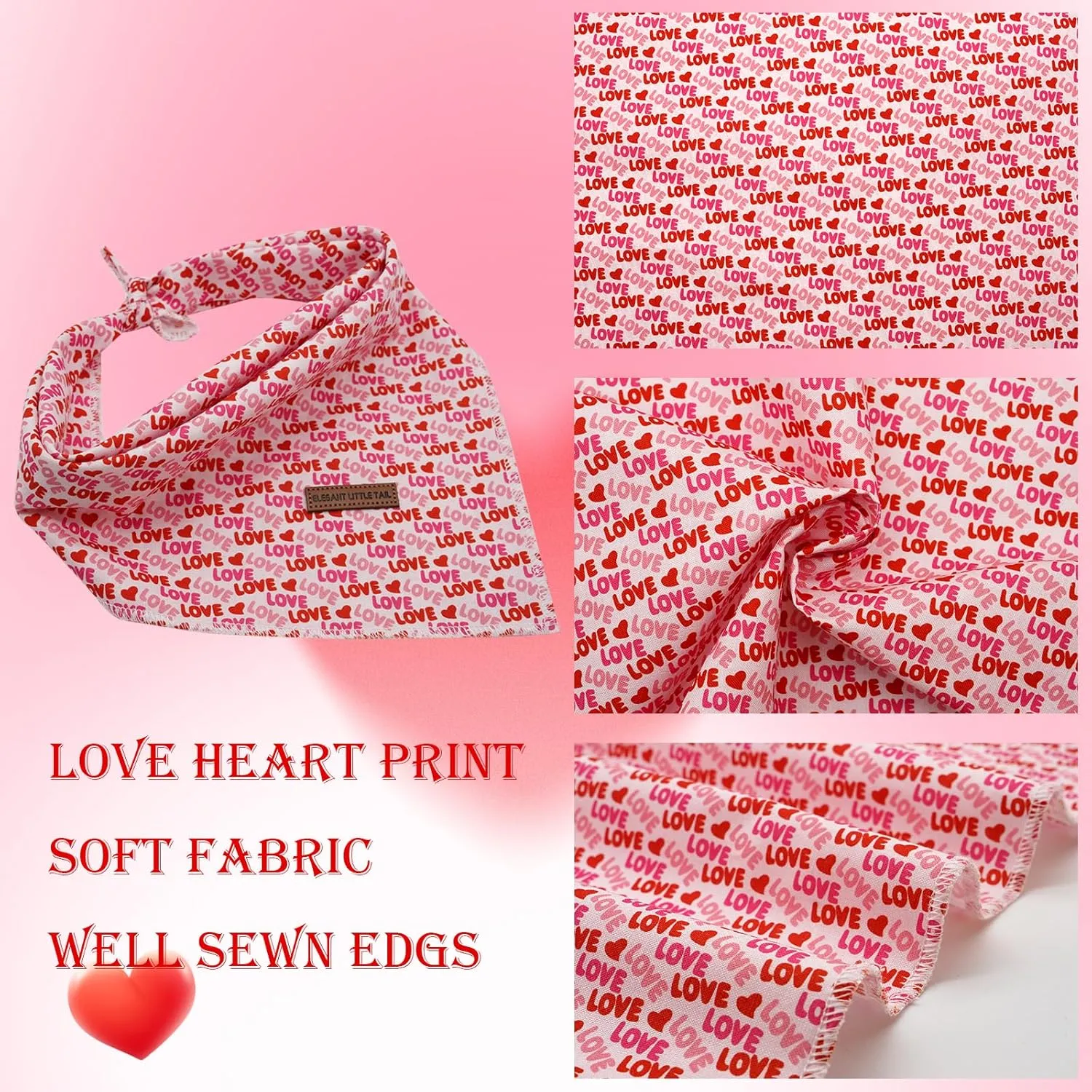 Elegant little tail Dog Bandana, Valentine's 1PC Washable Dog Scarf Female or Male Square Dog Bib Kerchief Scarf Adjustable Pet Bandana for Medium Large Dogs