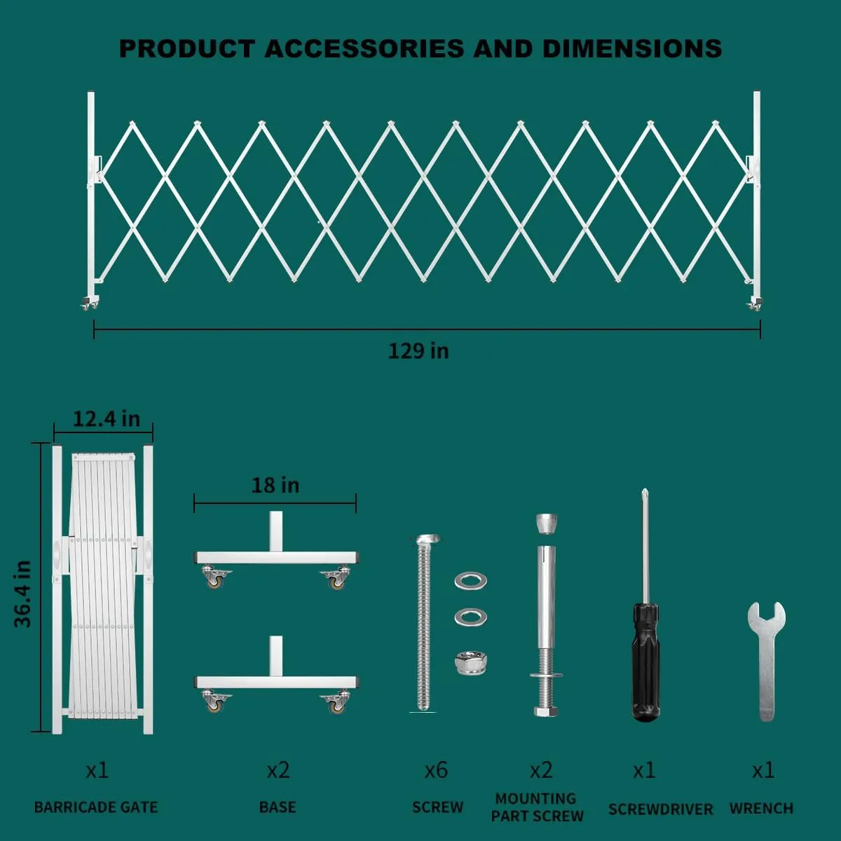 Expandable Barricade, Accordion Garden Yard Outdoor Indoor Portable Folding Security Dog Fence Gates Wall Mount, 129' Adjustable Metal Safety Barrier Gate with Casters, White