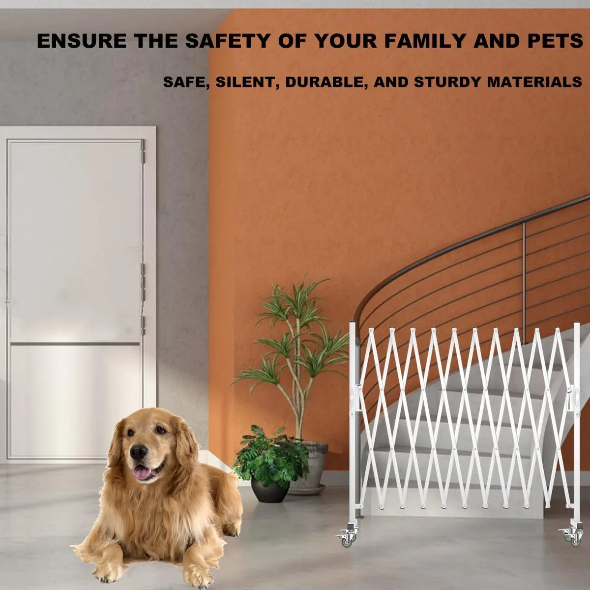 Expandable Barricade, Accordion Garden Yard Outdoor Indoor Portable Folding Security Dog Fence Gates Wall Mount, 129' Adjustable Metal Safety Barrier Gate with Casters, White