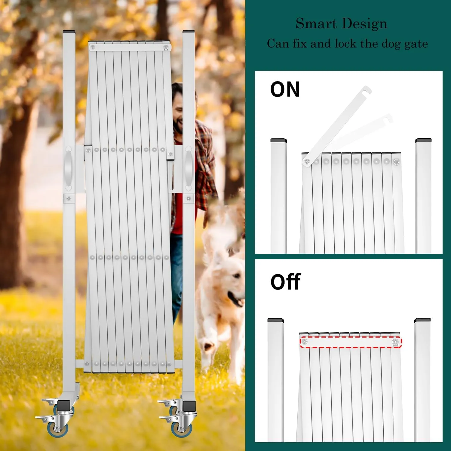 Expandable Barricade, Accordion Garden Yard Outdoor Indoor Portable Folding Security Dog Fence Gates Wall Mount, 129' Adjustable Metal Safety Barrier Gate with Casters, White