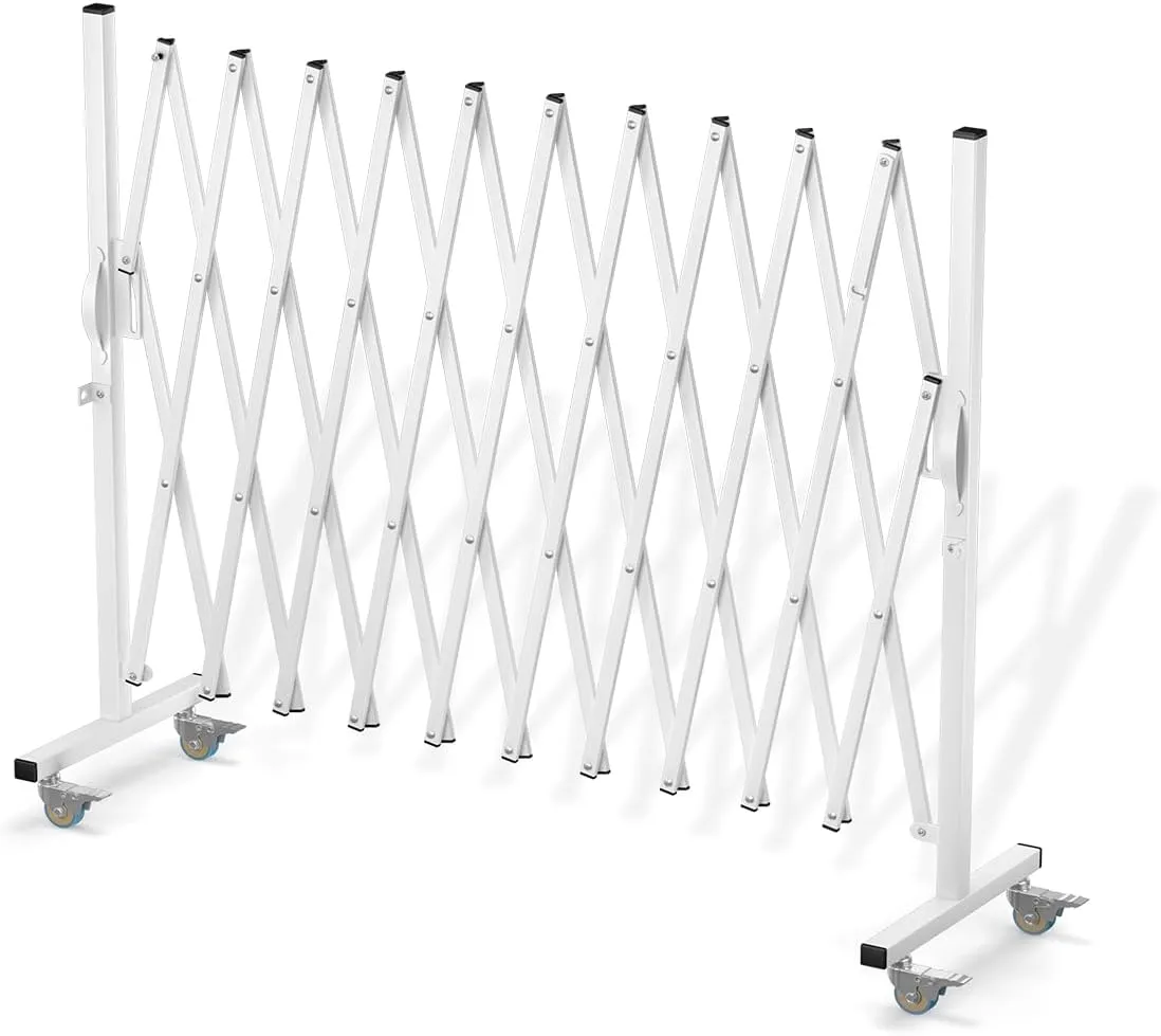 Expandable Barricade, Accordion Garden Yard Outdoor Indoor Portable Folding Security Dog Fence Gates Wall Mount, 129' Adjustable Metal Safety Barrier Gate with Casters, White