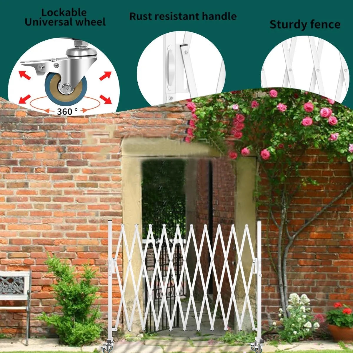 Expandable Barricade, Accordion Garden Yard Outdoor Indoor Portable Folding Security Dog Fence Gates Wall Mount, 129' Adjustable Metal Safety Barrier Gate with Casters, White