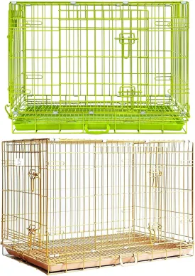 Homey Pet Medium Dog Crate, Dog Cage for Small Dogs, Collapsible Nano-Coating Metal Wire Dog Kennel Indoor with Removable Floor Grid and Tray, Double Doors, GOLD36 GREEN30 Bundle