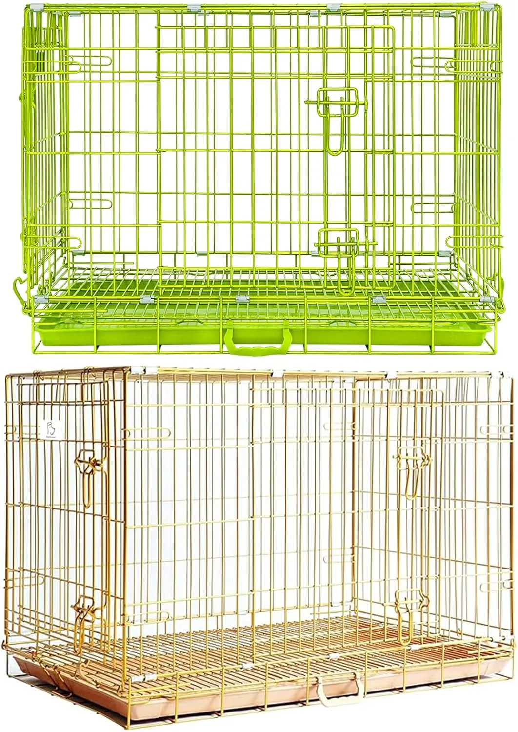 Homey Pet Medium Dog Crate, Dog Cage for Small Dogs, Collapsible Nano-Coating Metal Wire Dog Kennel Indoor with Removable Floor Grid and Tray, Double Doors, GOLD36 GREEN30 Bundle