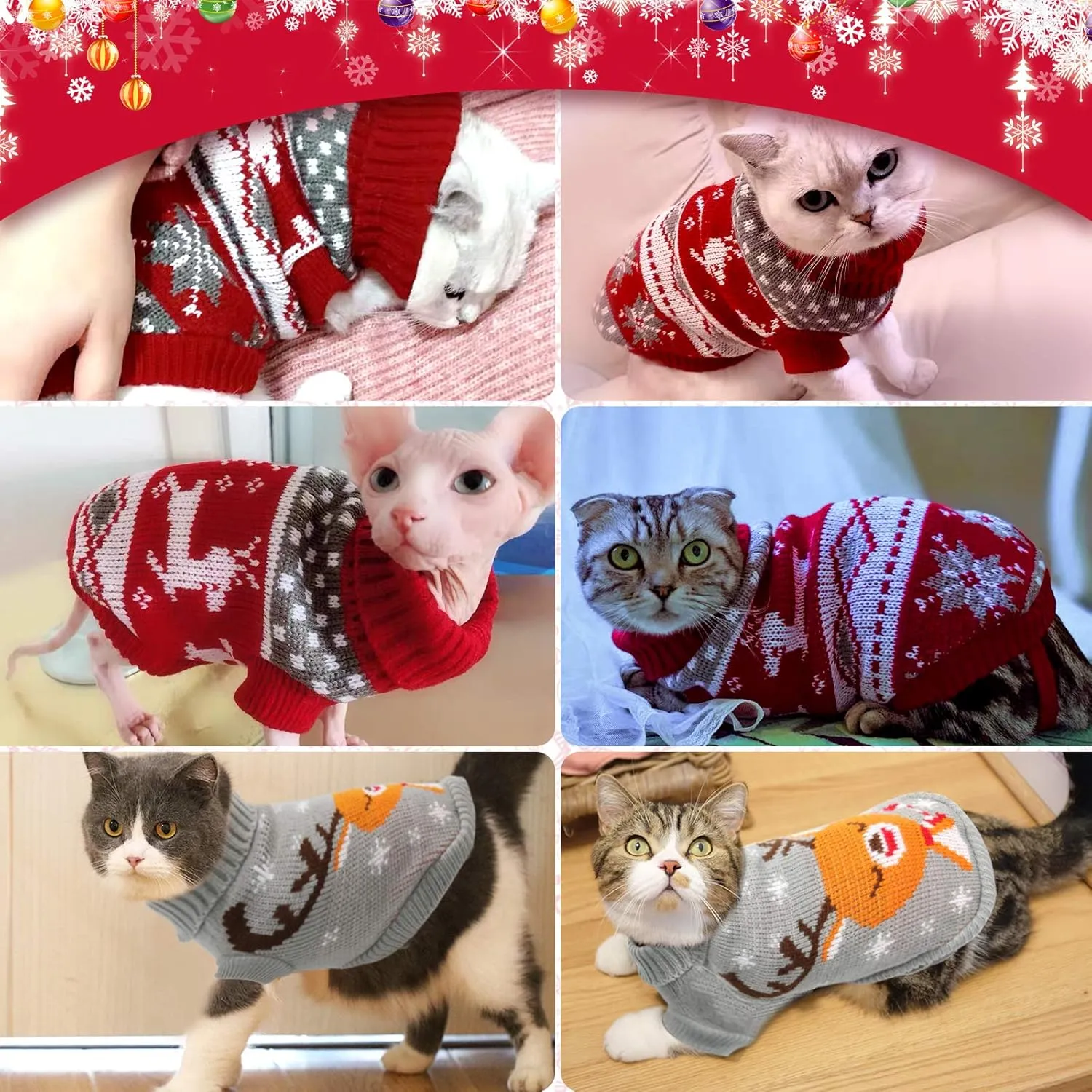 HYLYUN Cat Christmas Sweater 2 Packs - Puppy Christmas Sweater Pet Reindeer Snowflake Sweaters for Kittys and Small Dogs XS