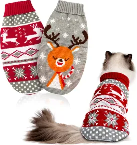 HYLYUN Cat Christmas Sweater 2 Packs - Puppy Christmas Sweater Pet Reindeer Snowflake Sweaters for Kittys and Small Dogs XS