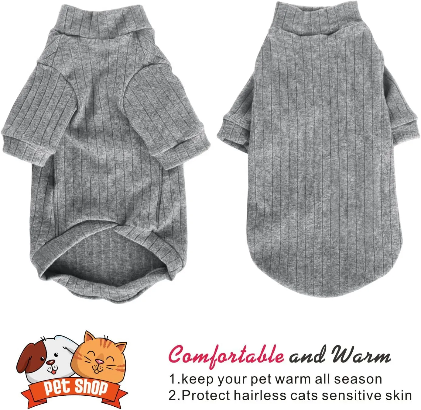Idepet Sphynx Hairless Cats Sweater Shirt Kitten Soft Puppy Clothes Pullover Cute Cat Pajamas Jumpsuit Cotton Apparel Pet Winter Turtleneck for Cats and Teacup Chihuahua Small Dogs(Gray,L)