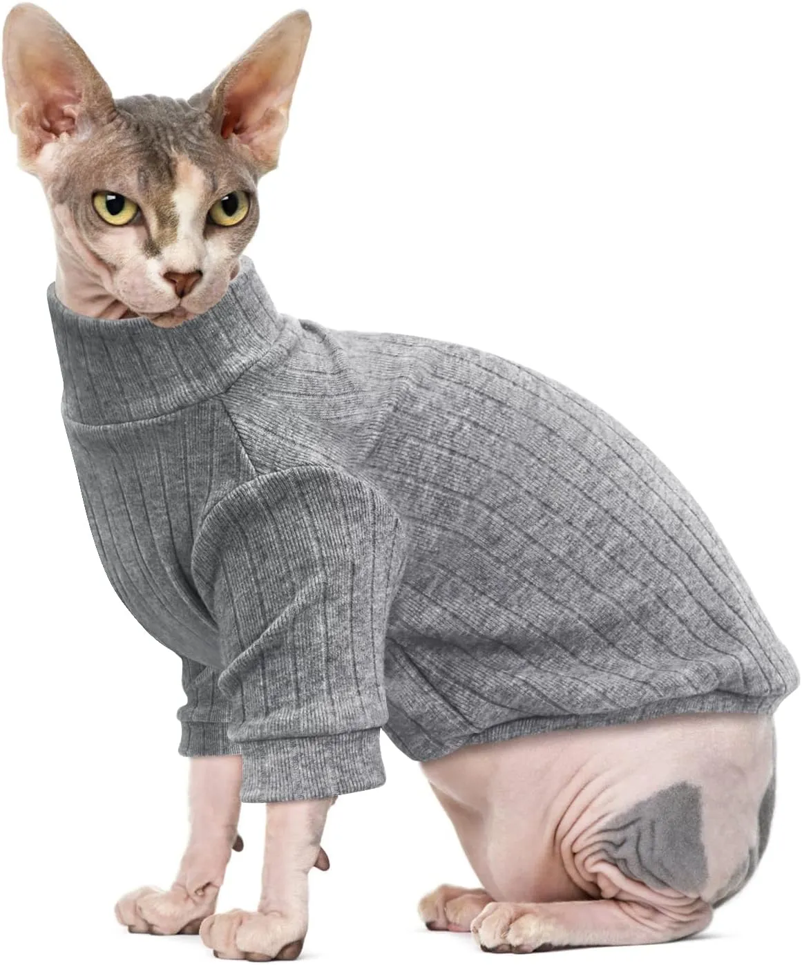 Idepet Sphynx Hairless Cats Sweater Shirt Kitten Soft Puppy Clothes Pullover Cute Cat Pajamas Jumpsuit Cotton Apparel Pet Winter Turtleneck for Cats and Teacup Chihuahua Small Dogs(Gray,L)