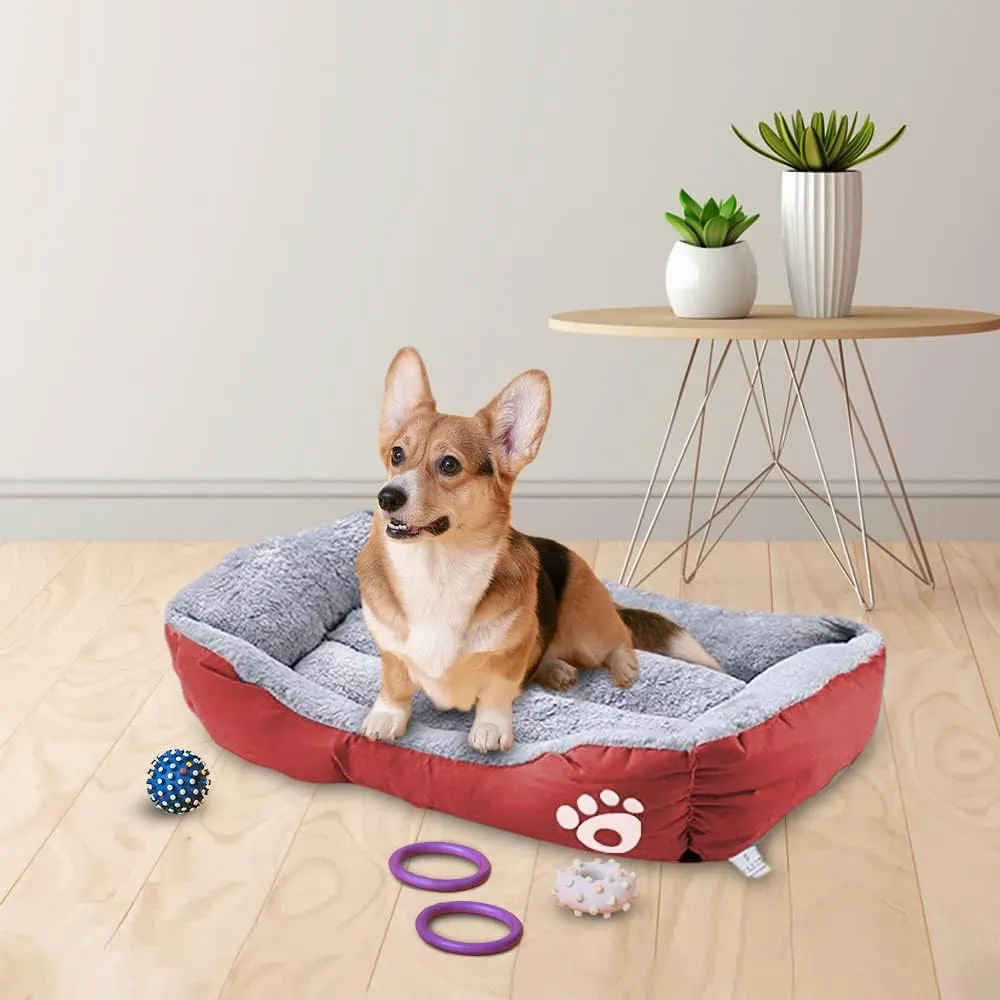 Kuber Industries Dog & Cat Bed|Super Soft Plush Top Pet Bed|Oxford Cloth Polyester Filling|Machine Washable Dog Bed|Rectangular Cat Bed with Rise-Edge Pillow|QY036R-L|Red (Pack of 2)