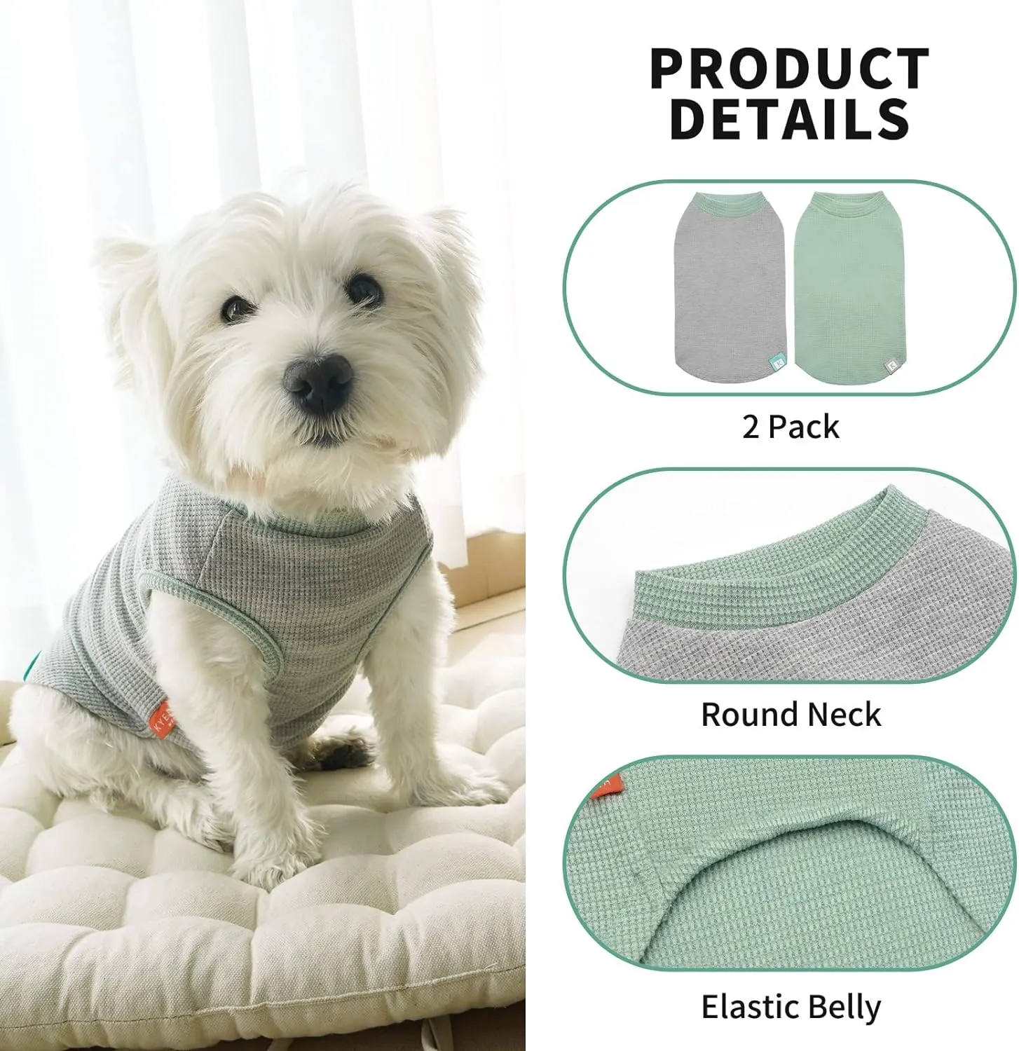 KYEESE 2Pack Dog Shirts Waffle for Small Dogs Stretchy Dog T-Shirts Lightweight Tank Top Sleeveless Vest Breathable Cat Shirt, Medium, Green Grey