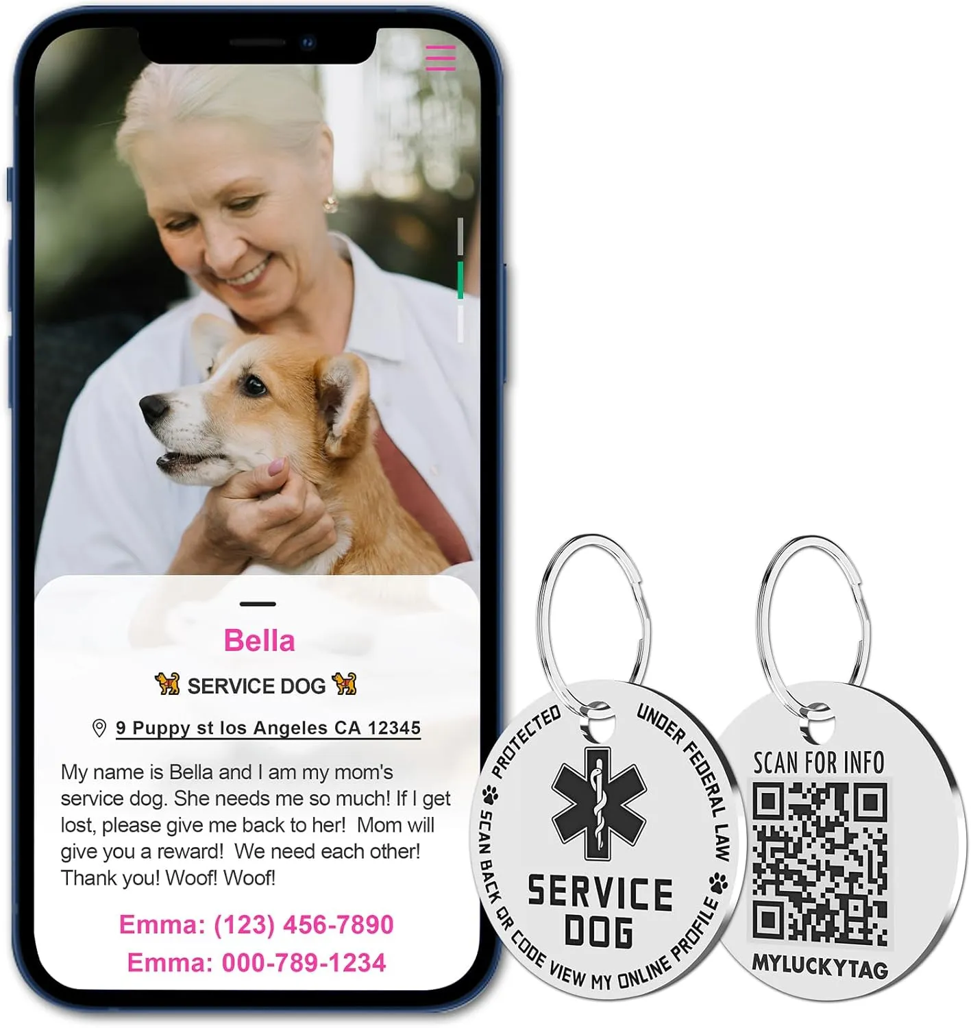 MYLUCKYTAG QR Code Service Dog Tag - Pet Online Profile - Scan QR Receive Instant Pet Location Alert Email