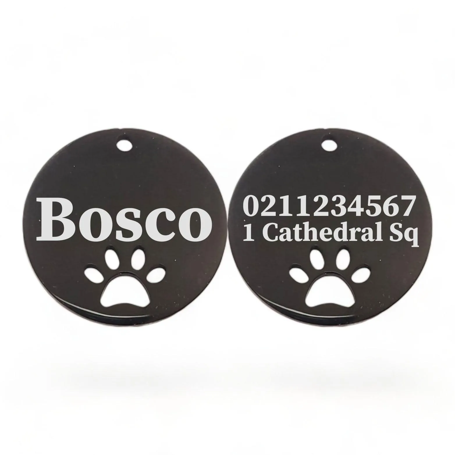 Name Front & 1 Number Address Back Round Paw Print | Mirror Stainless | Cat & Dog ID Pet Tag