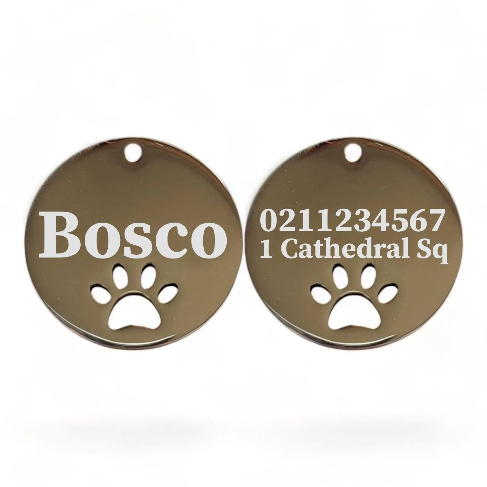 Name Front & 1 Number Address Back Round Paw Print | Mirror Stainless | Cat & Dog ID Pet Tag