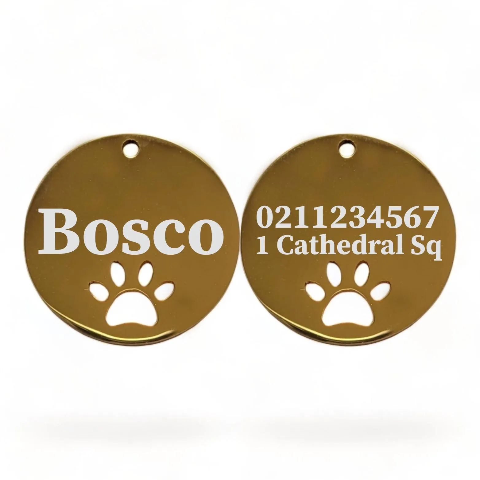 Name Front & 1 Number Address Back Round Paw Print | Mirror Stainless | Cat & Dog ID Pet Tag