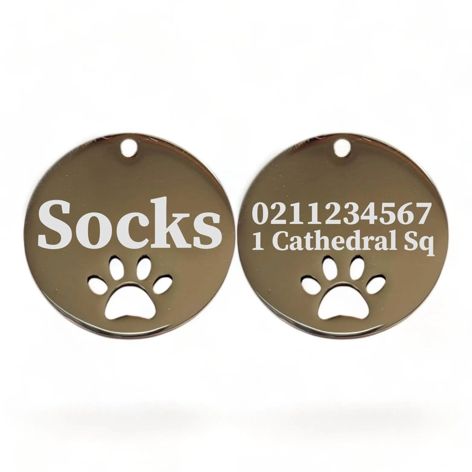 Name Front & 1 Number Address Back Round Paw Print | Mirror Stainless | Cat & Dog ID Pet Tag
