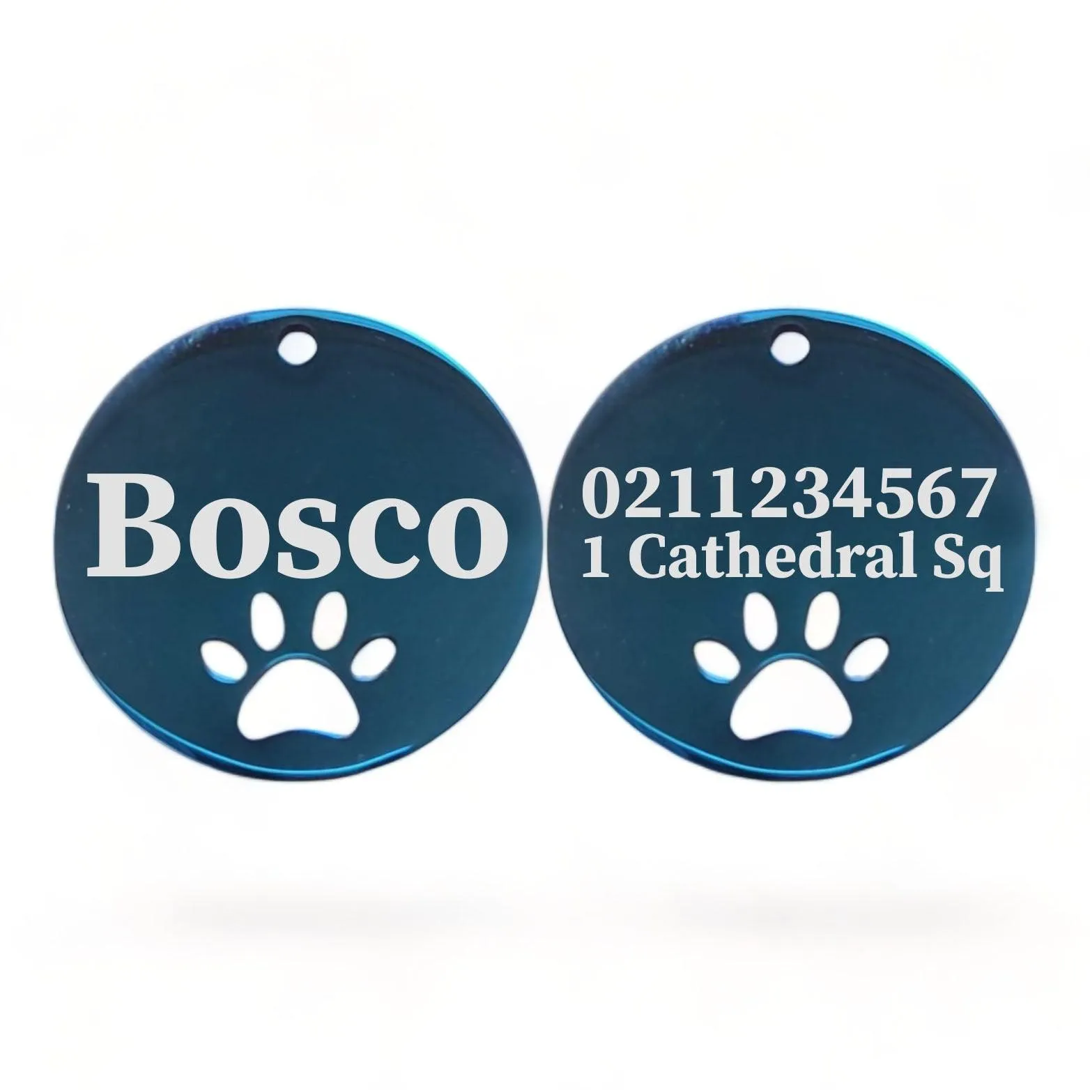 Name Front & 1 Number Address Back Round Paw Print | Mirror Stainless | Cat & Dog ID Pet Tag