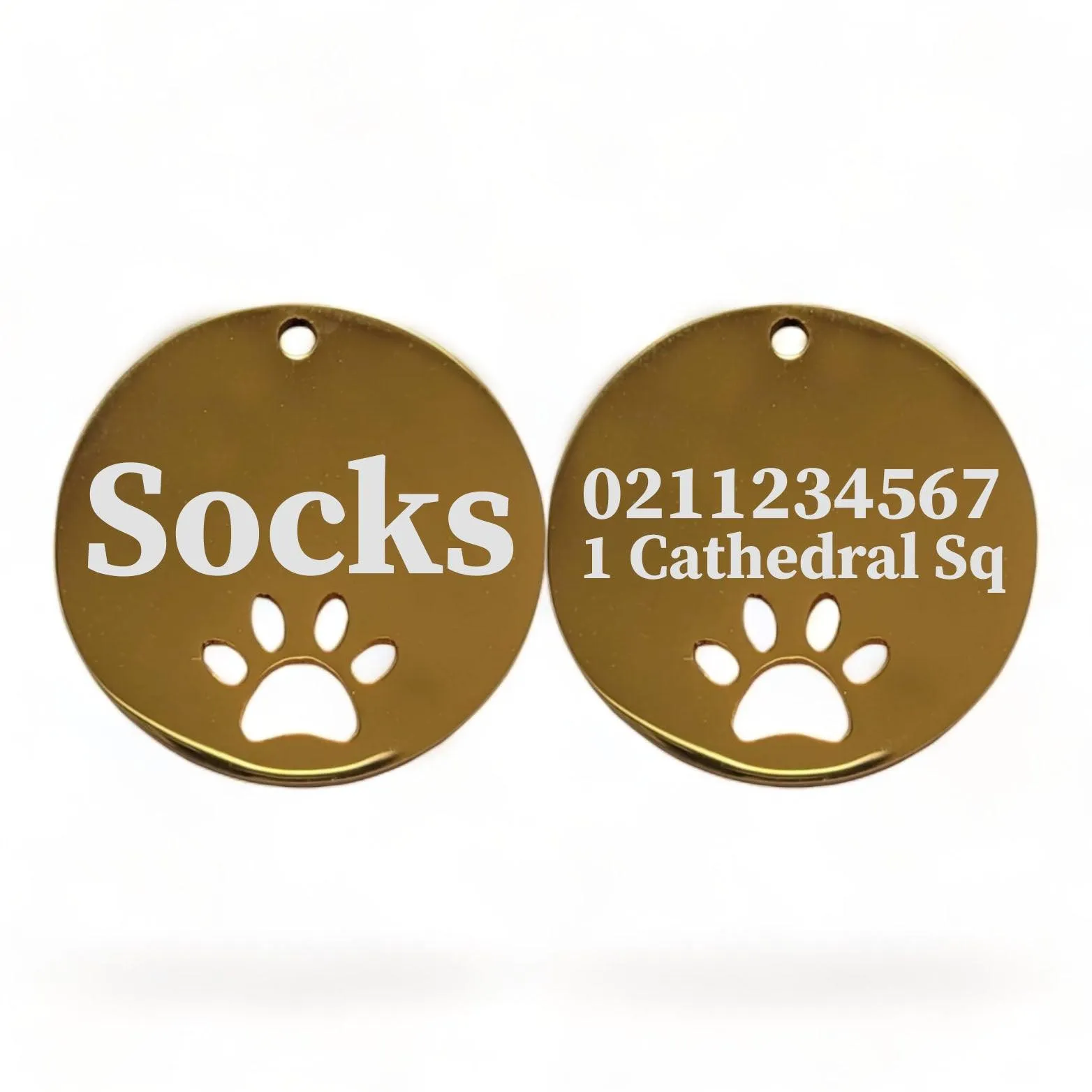 Name Front & 1 Number Address Back Round Paw Print | Mirror Stainless | Cat & Dog ID Pet Tag