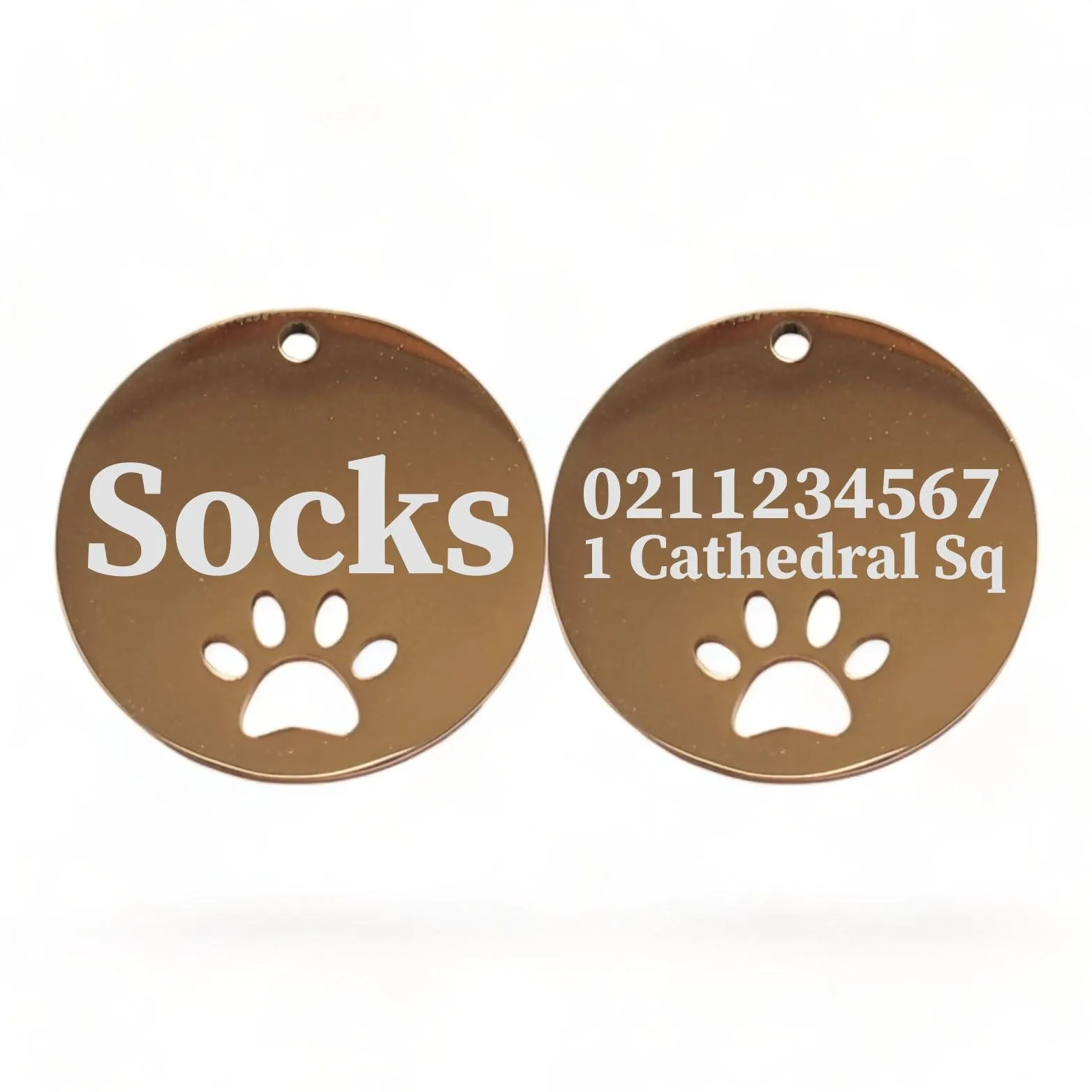 Name Front & 1 Number Address Back Round Paw Print | Mirror Stainless | Cat & Dog ID Pet Tag